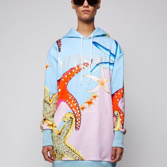 New: VERSACE Tresor De La Mer Logo Long Sleeve Hoodie Dress In Light Blue Multi, - Picture 3 of 5
